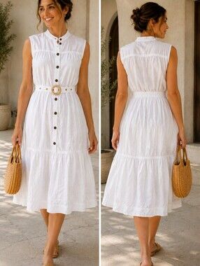 Banana Republic Sleeveless Flounce Hem Linen Dress White Belted Size M